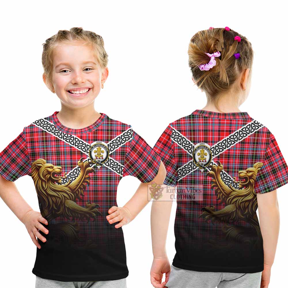 Tartan Vibes Clothing Udny Crest Tartan Kid T-Shirt with Golden Lion Emblem Celtic Style
