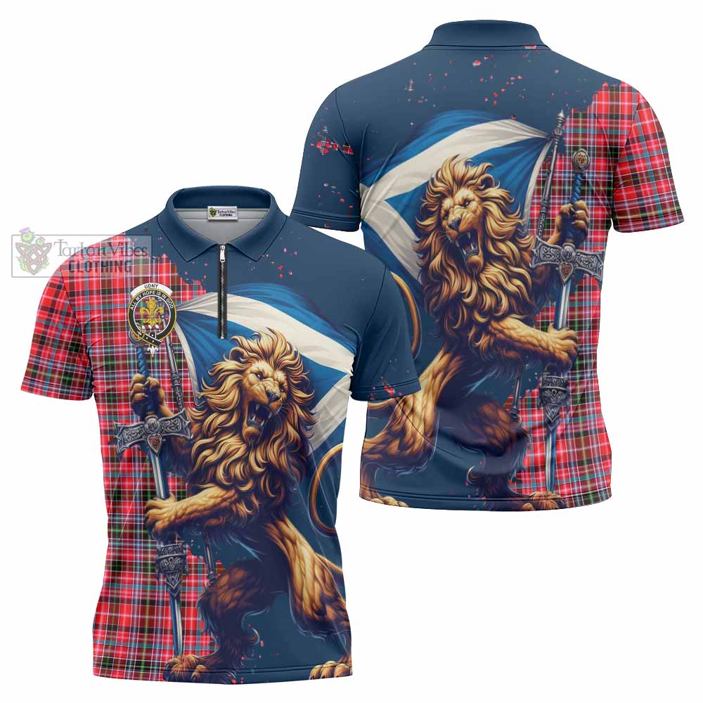 Tartan Vibes Clothing Udny Tartan Family Crest Zipper Polo Shirt with Scottish Majestic Lion