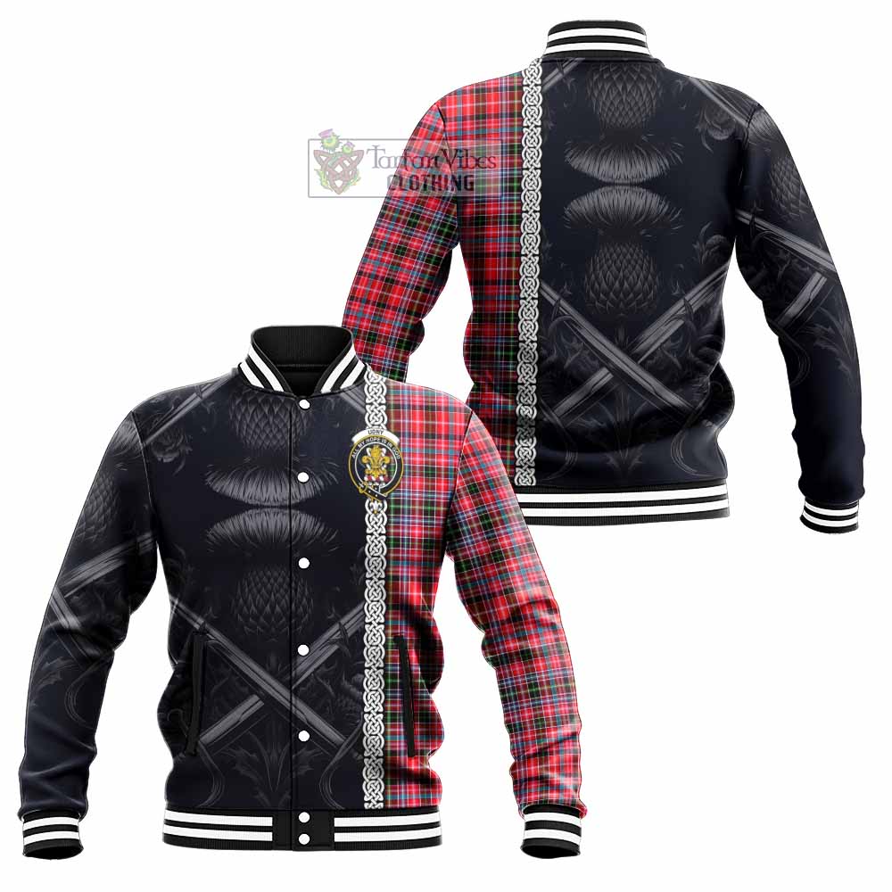Tartan Vibes Clothing Udny Tartan Baseball Jacket with Family Crest Cross Sword Thistle Celtic Vibes