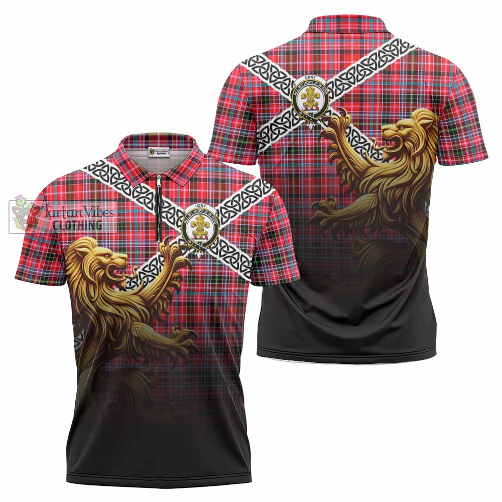 Tartan Vibes Clothing Udny Crest Tartan Zipper Polo Shirt with Golden Lion Emblem Celtic Style
