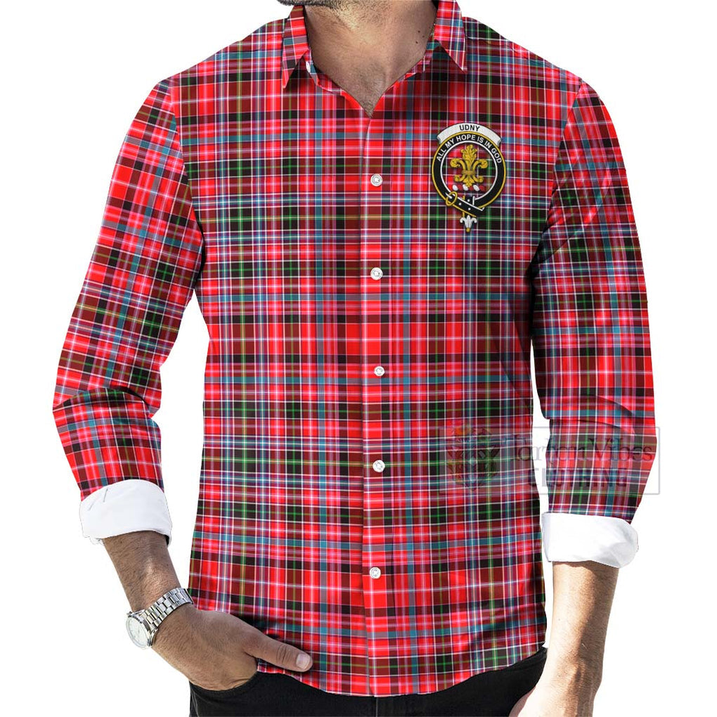 Tartan Vibes Clothing Udny Tartan Long Sleeve Button Shirt with Family Crest and Bearded Skull Holding Bottles of Whiskey
