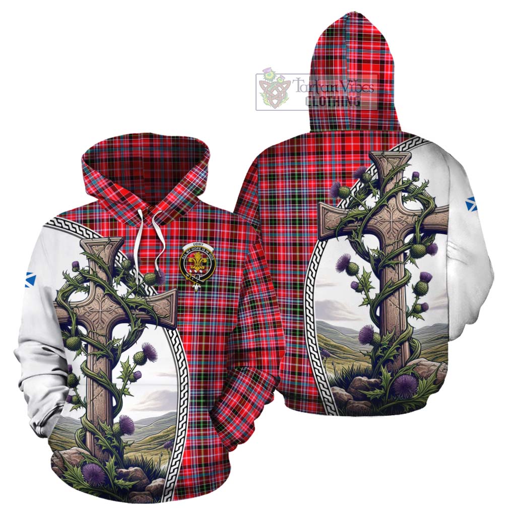 Tartan Vibes Clothing Udny Tartan Cotton Hoodie with Family Crest and St. Andrew's Cross Accented by Thistle Vines