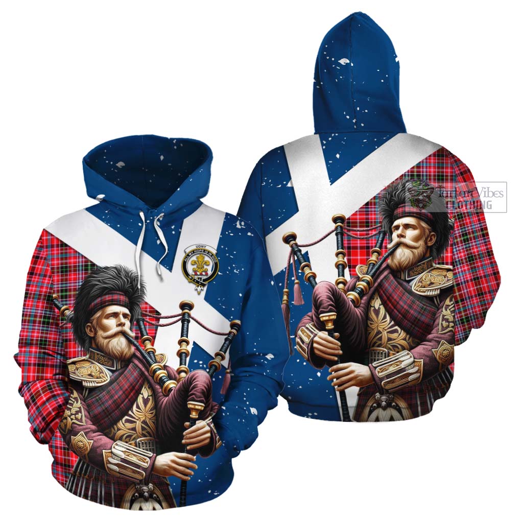 Tartan Vibes Clothing Udny Tartan Cotton Hoodie with Family Crest Scottish Bagpiper Vibes