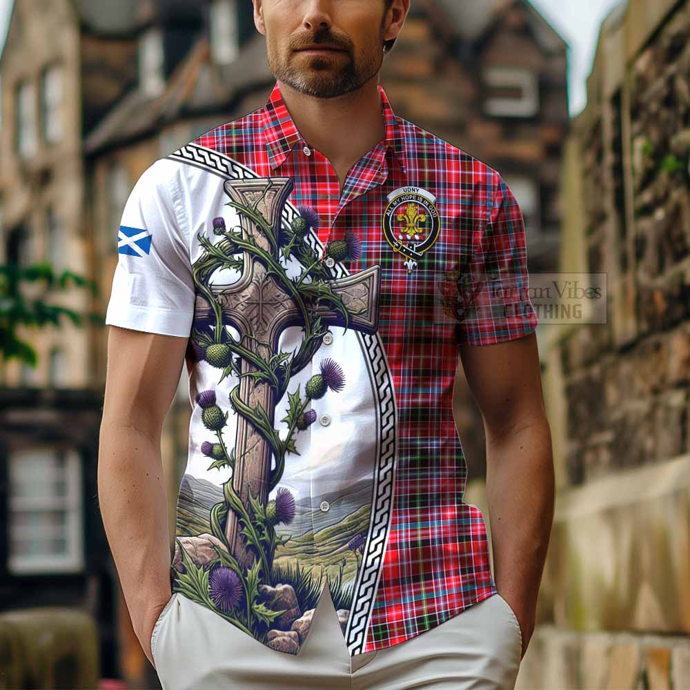 Tartan Vibes Clothing Udny Tartan Short Sleeve Button Shirt with Family Crest and St. Andrew's Cross Accented by Thistle Vines