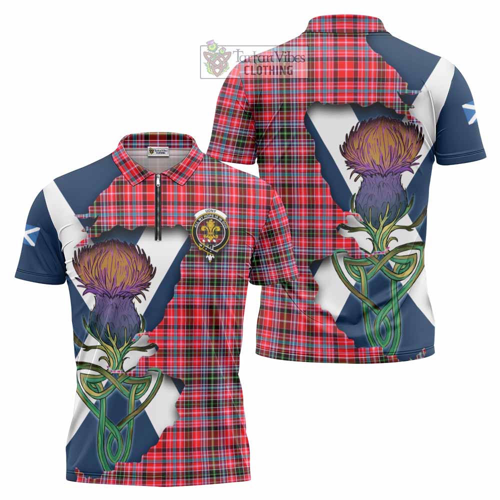 Tartan Vibes Clothing Udny Tartan Family Crest Zipper Polo Shirt Scottish Thistle Celtic Inspired