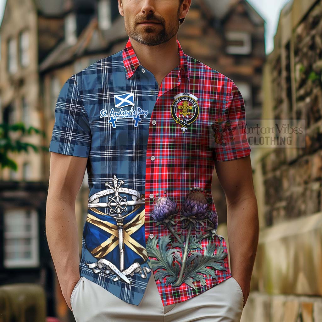 Tartan Vibes Clothing Udny Tartan Short Sleeve Button Shirt Happy St. Andrew's Day Half Tartan Style