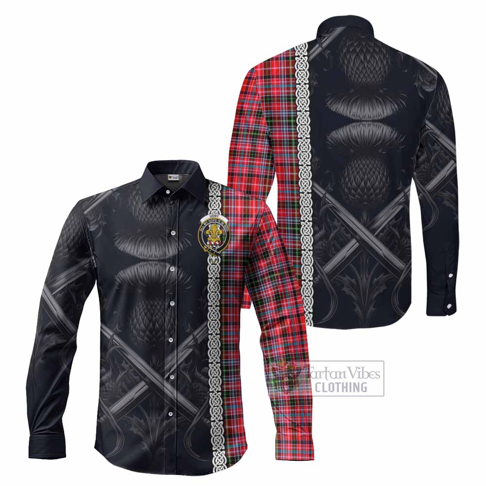 Tartan Vibes Clothing Udny Tartan Long Sleeve Button Shirt with Family Crest Cross Sword Thistle Celtic Vibes