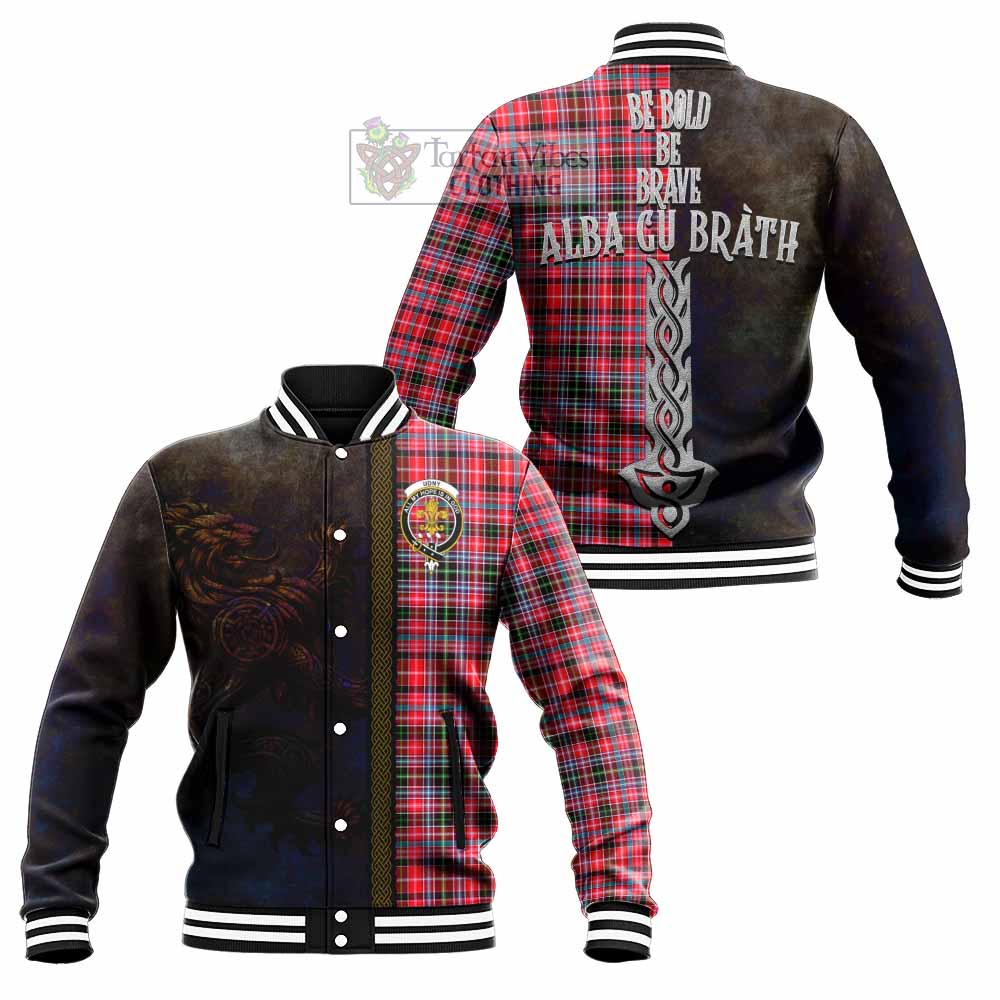 Tartan Vibes Clothing Udny Tartan Family Crest Baseball Jacket Alba Gu Brath Be Brave Lion Ancient Style