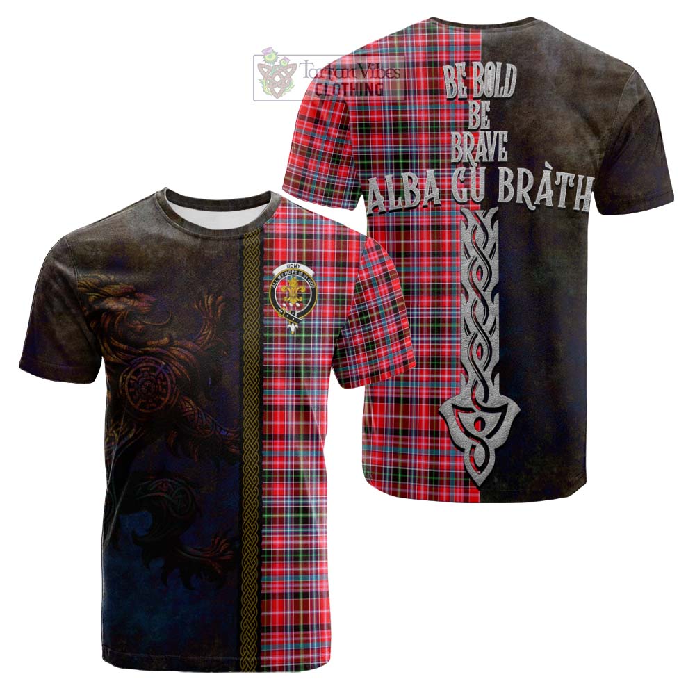 Tartan Vibes Clothing Udny Tartan Family Crest Cotton T-shirt Alba Gu Brath Be Brave Lion Ancient Style