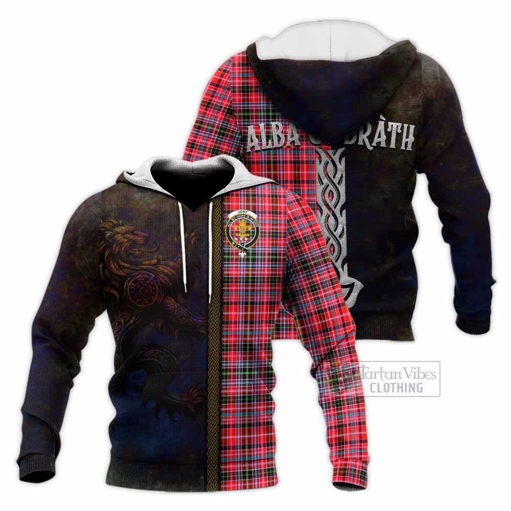 Tartan Vibes Clothing Udny Tartan Family Crest Knitted Hoodie Alba Gu Brath Be Brave Lion Ancient Style