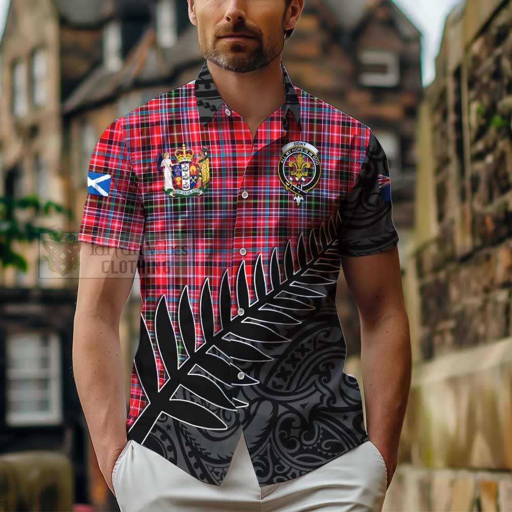 Tartan Vibes Clothing Udny Crest Tartan Short Sleeve Button Shirt with New Zealand Silver Fern Half Style
