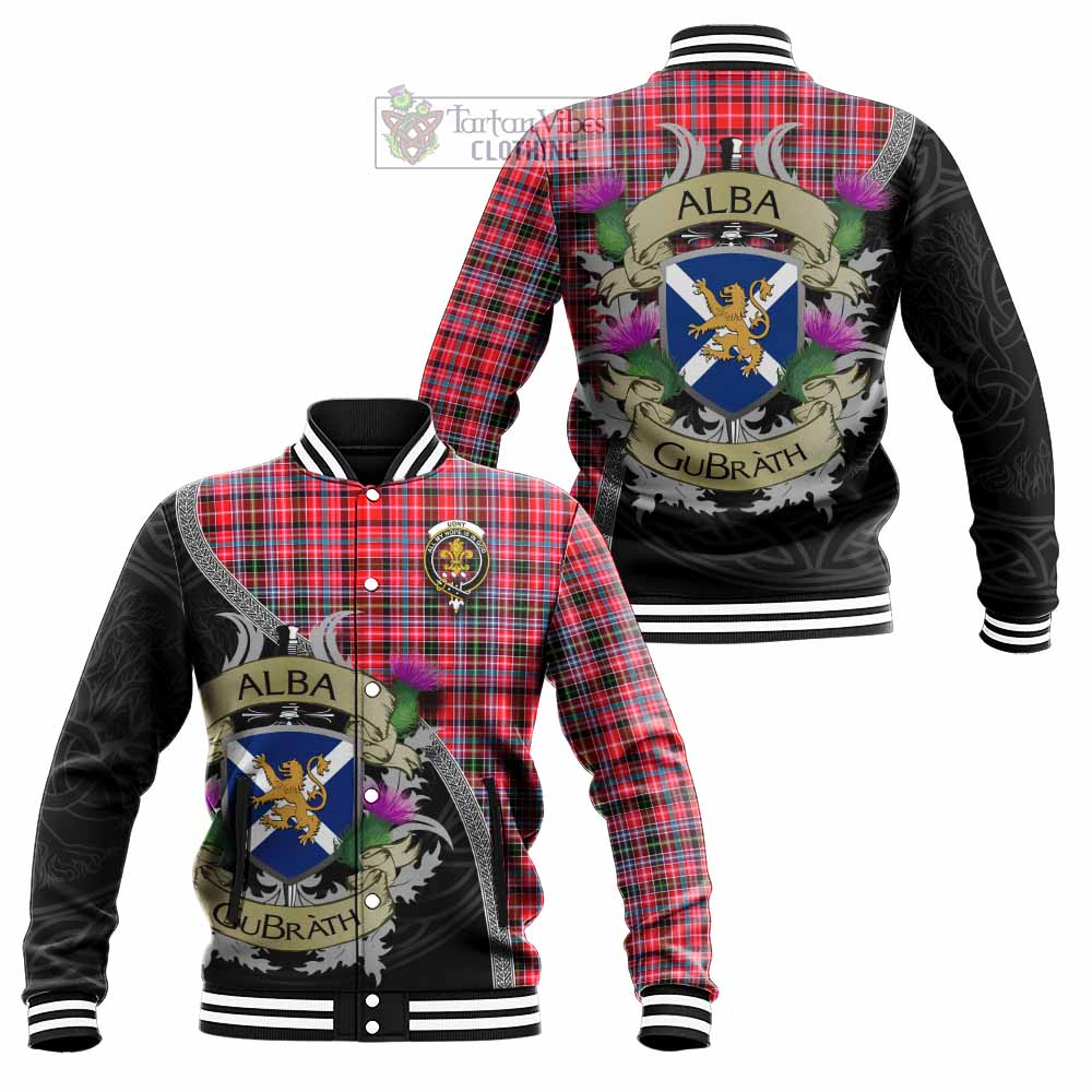 Tartan Vibes Clothing Udny Tartan Family Crest Baseball Jacket Lion Rampant Royal Thistle Shield Celtic Inspired