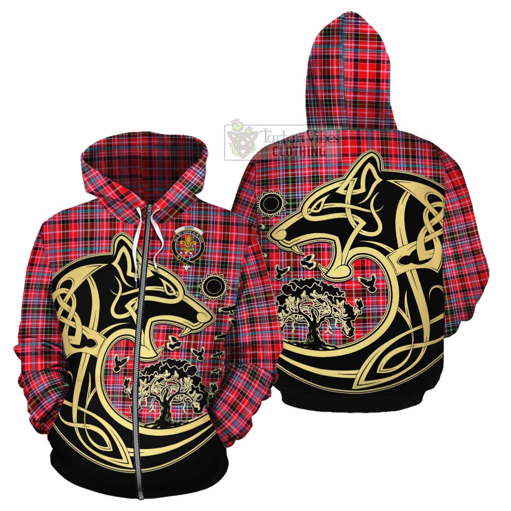 Tartan Vibes Clothing Udny Tartan Cotton Hoodie with Family Crest Celtic Wolf Style