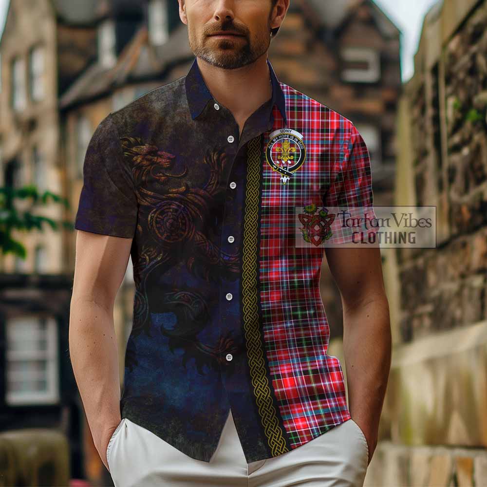 Tartan Vibes Clothing Udny Tartan Family Crest Short Sleeve Button Shirt Alba Gu Brath Be Brave Lion Ancient Style