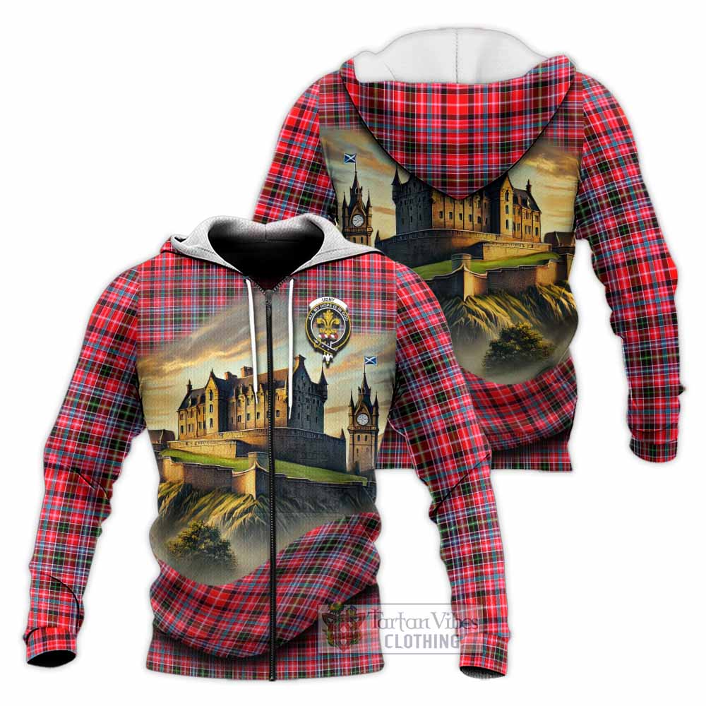 Tartan Vibes Clothing Udny Tartan Family Crest Knitted Hoodie with Scottish Ancient Castle Style