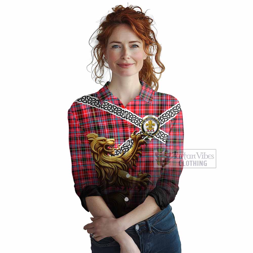 Tartan Vibes Clothing Udny Crest Tartan Women's Casual Shirt with Golden Lion Emblem Celtic Style