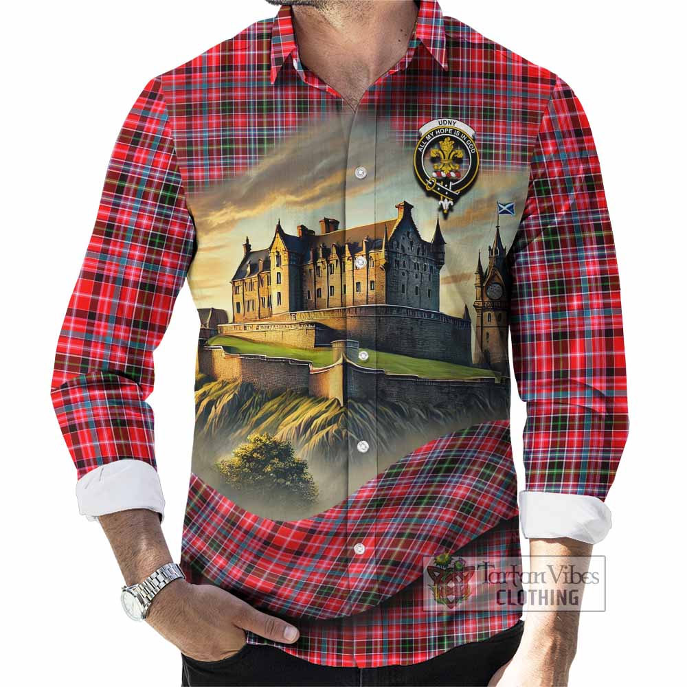 Tartan Vibes Clothing Udny Tartan Family Crest Long Sleeve Button Shirt with Scottish Ancient Castle Style
