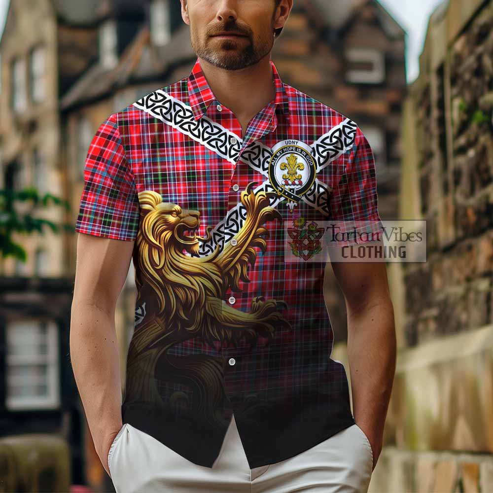 Tartan Vibes Clothing Udny Crest Tartan Short Sleeve Button Shirt with Golden Lion Emblem Celtic Style