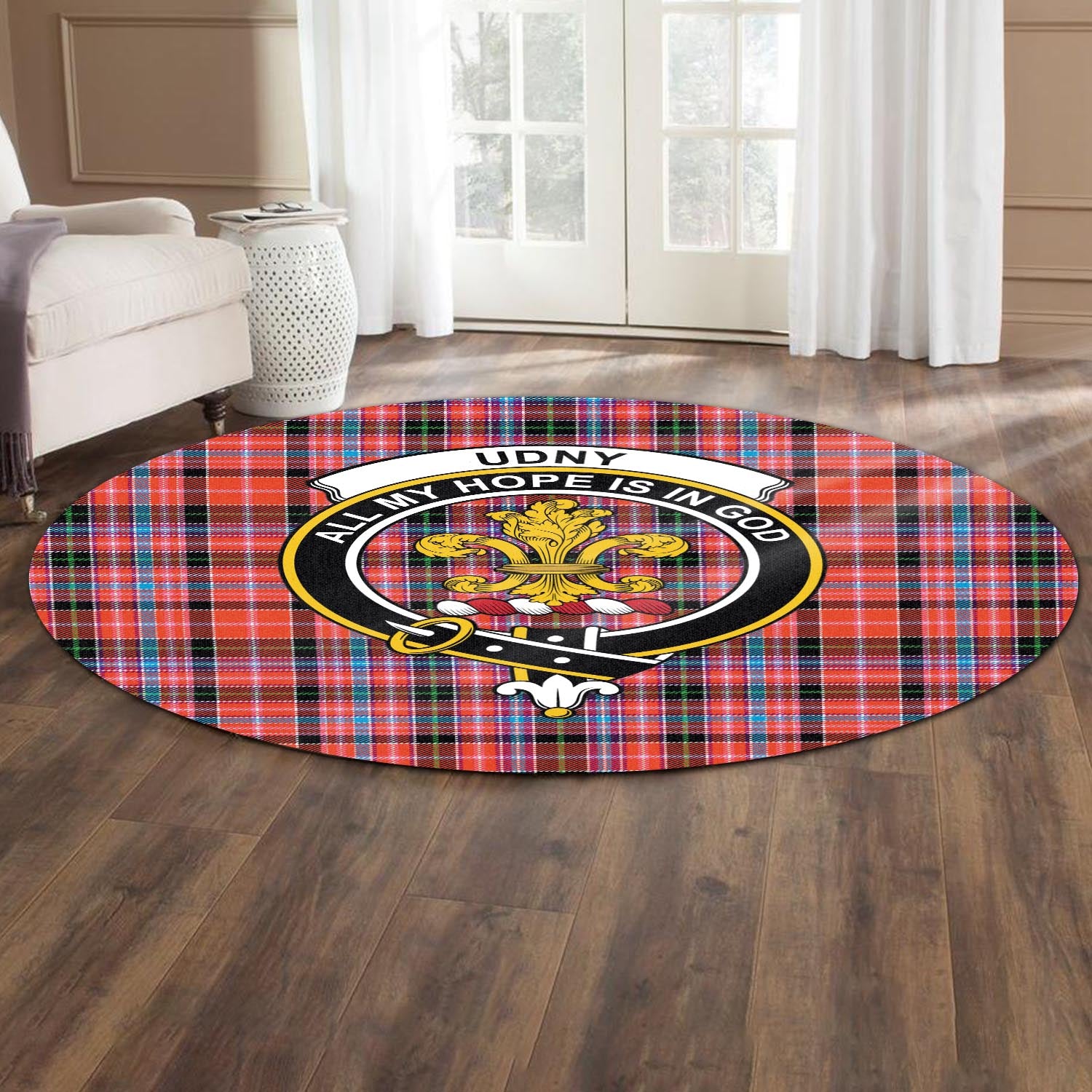udny-tartan-round-rug-with-family-crest