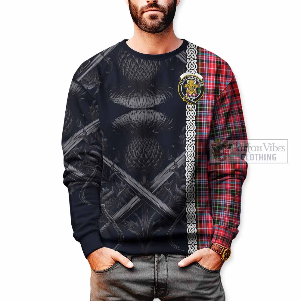Tartan Vibes Clothing Udny Tartan Sweatshirt with Family Crest Cross Sword Thistle Celtic Vibes