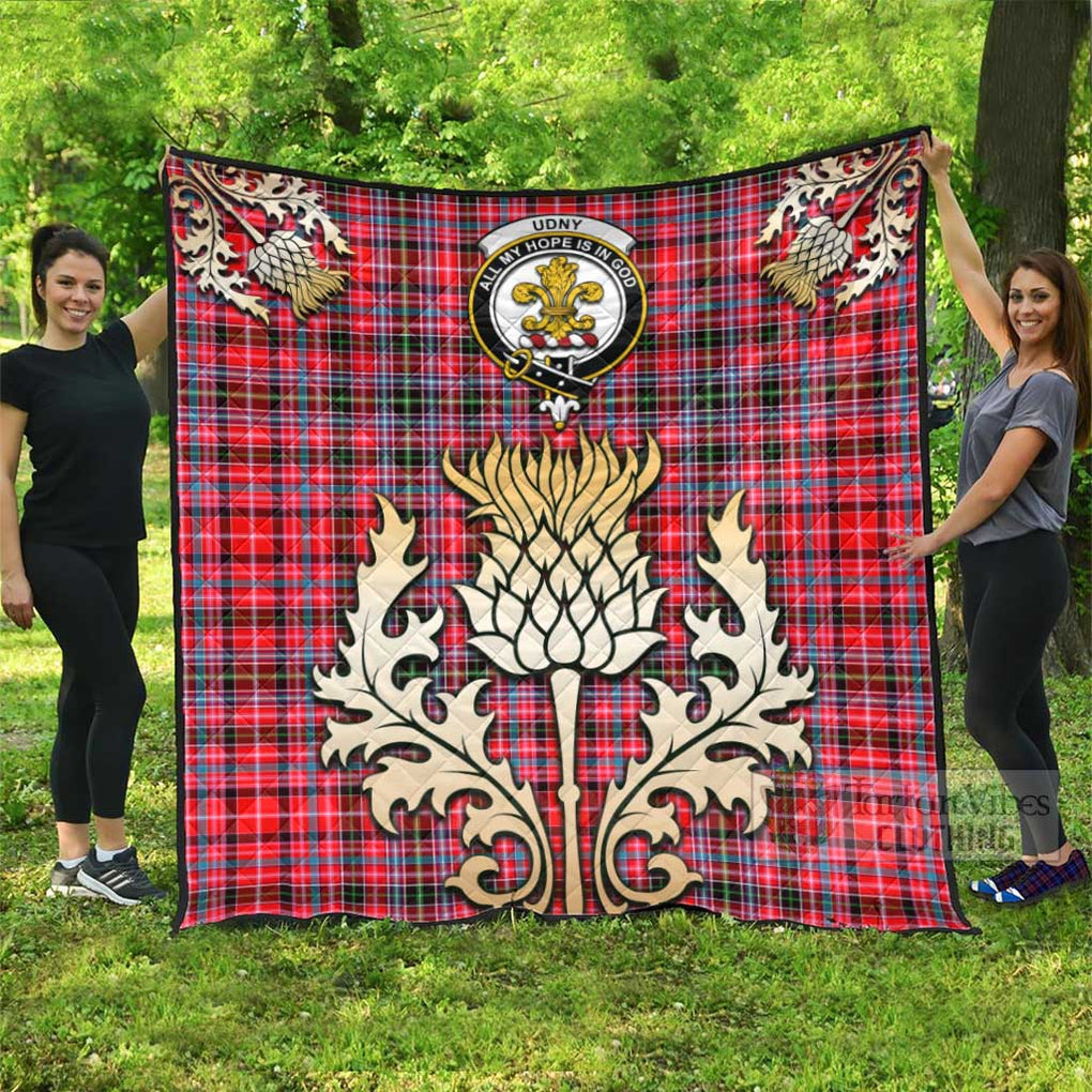 Tartan Vibes Clothing Udny Tartan Quilt with Family Crest and Golden Thistle Style