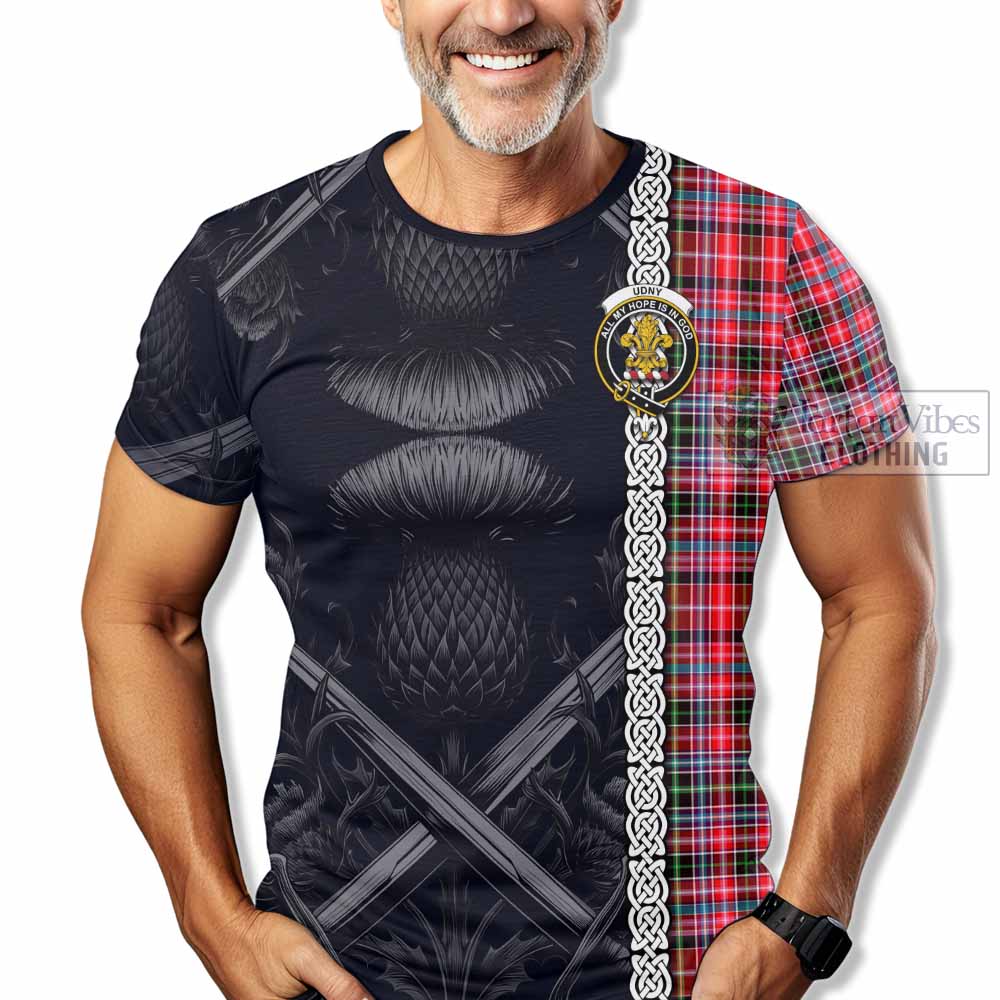 Tartan Vibes Clothing Udny Tartan T-Shirt with Family Crest Cross Sword Thistle Celtic Vibes