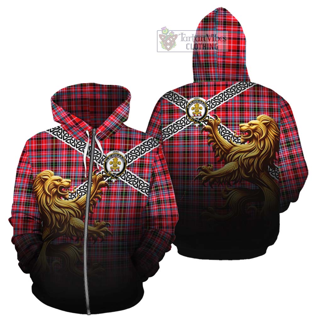 Tartan Vibes Clothing Udny Crest Tartan Cotton Hoodie with Golden Lion Emblem Celtic Style