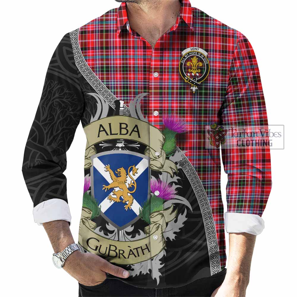 Tartan Vibes Clothing Udny Tartan Family Crest Long Sleeve Button Shirt Lion Rampant Royal Thistle Shield Celtic Inspired