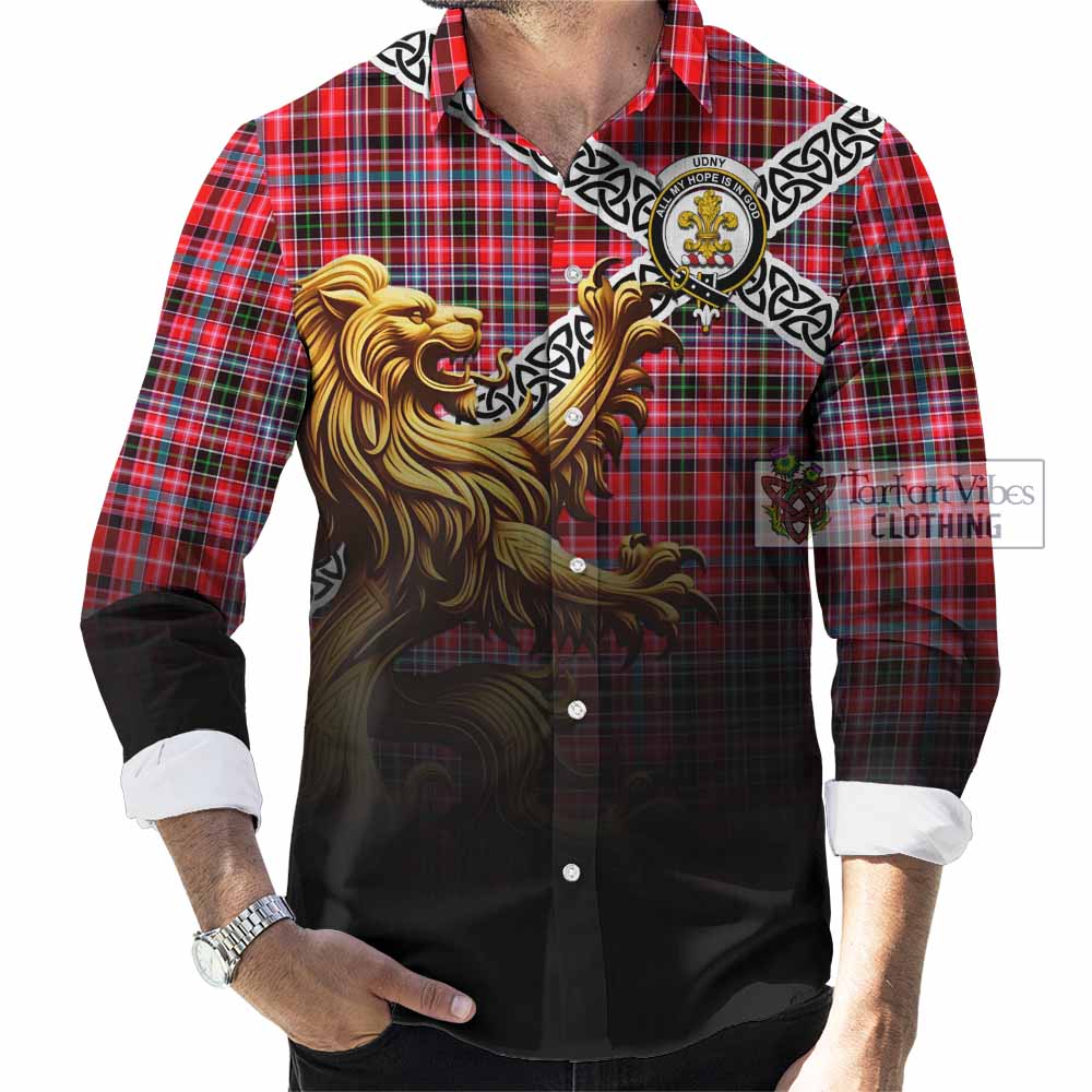 Tartan Vibes Clothing Udny Crest Tartan Long Sleeve Button Shirt with Golden Lion Emblem Celtic Style