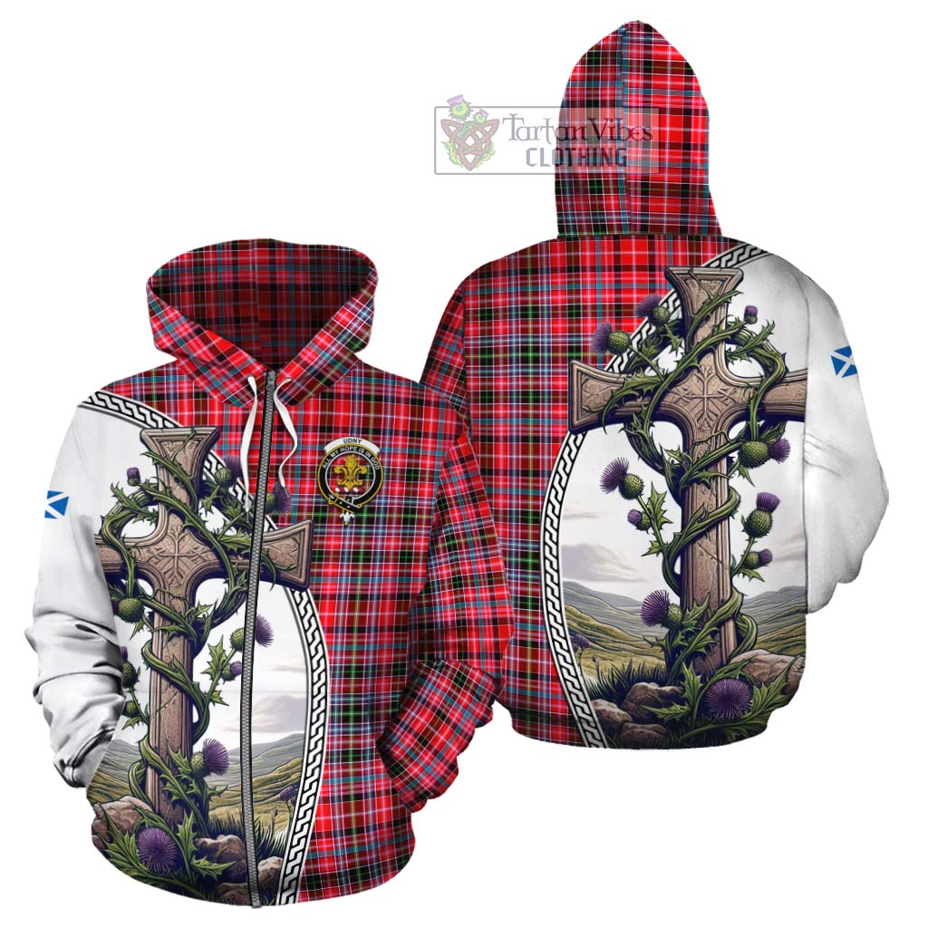 Tartan Vibes Clothing Udny Tartan Cotton Hoodie with Family Crest and St. Andrew's Cross Accented by Thistle Vines