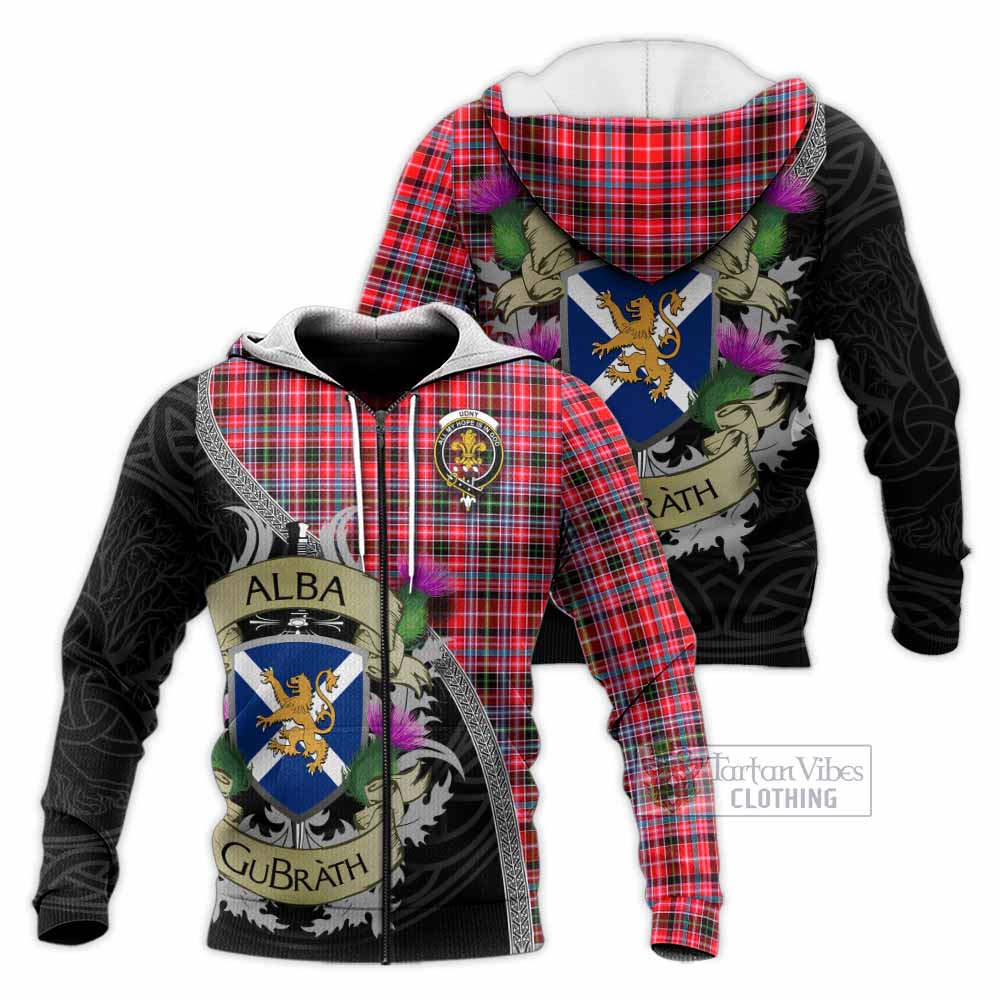 Tartan Vibes Clothing Udny Tartan Family Crest Knitted Hoodie Lion Rampant Royal Thistle Shield Celtic Inspired