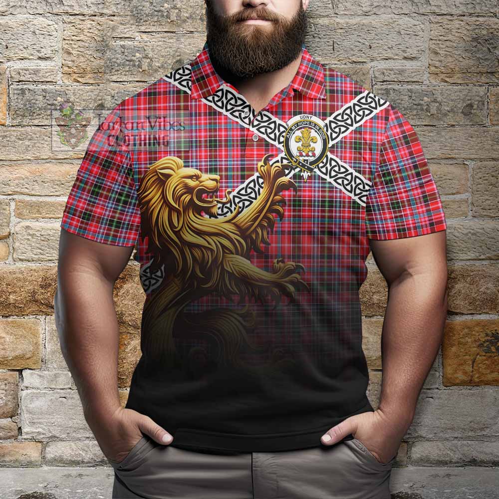 Tartan Vibes Clothing Udny Crest Tartan Polo Shirt with Golden Lion Emblem Celtic Style