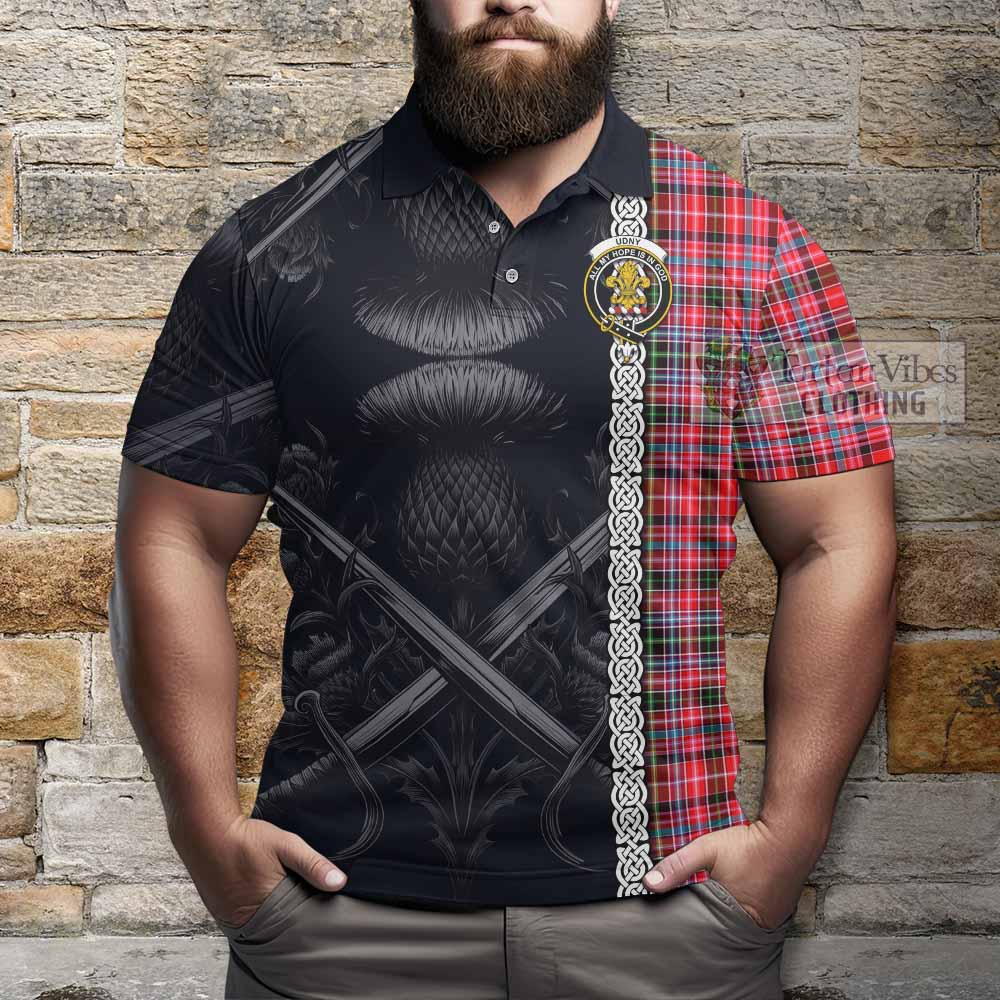 Tartan Vibes Clothing Udny Tartan Polo Shirt with Family Crest Cross Sword Thistle Celtic Vibes