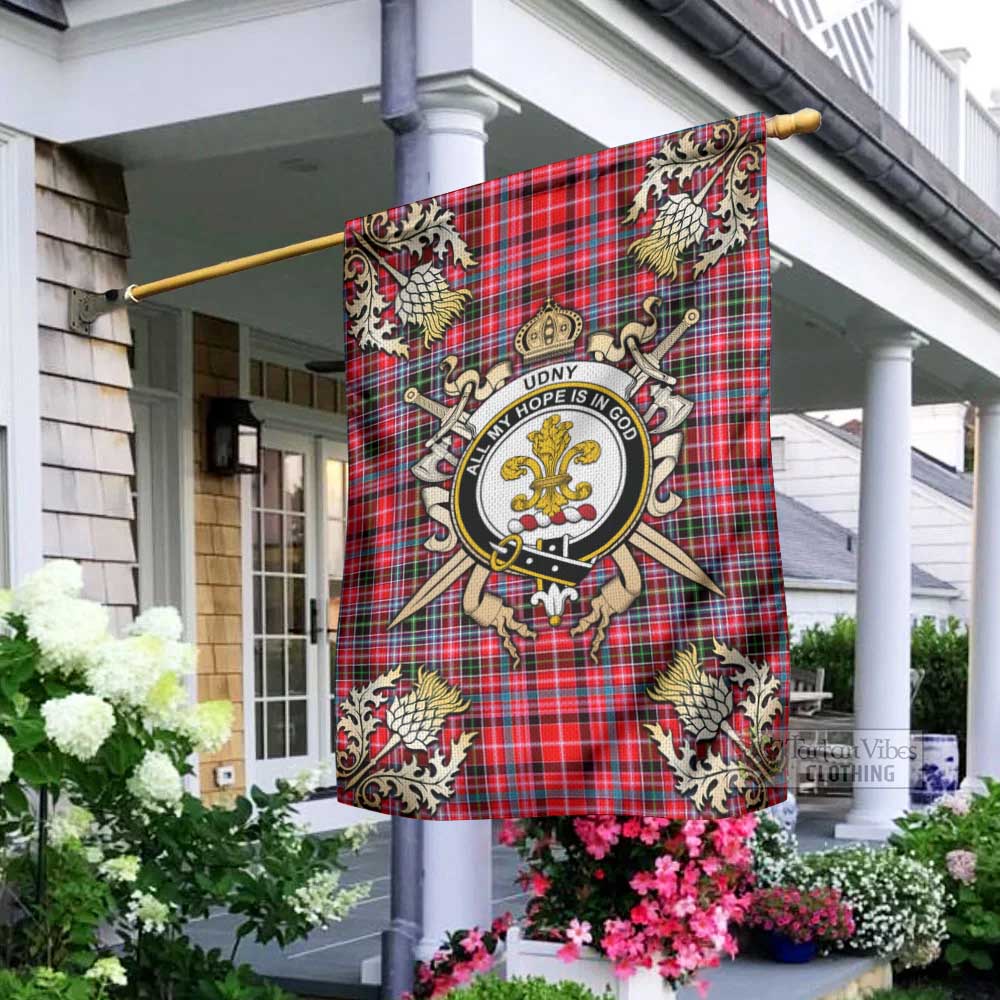Tartan Vibes Clothing Udny Tartan Flag with Family Crest and Golden Thistle Crossed Sword Design