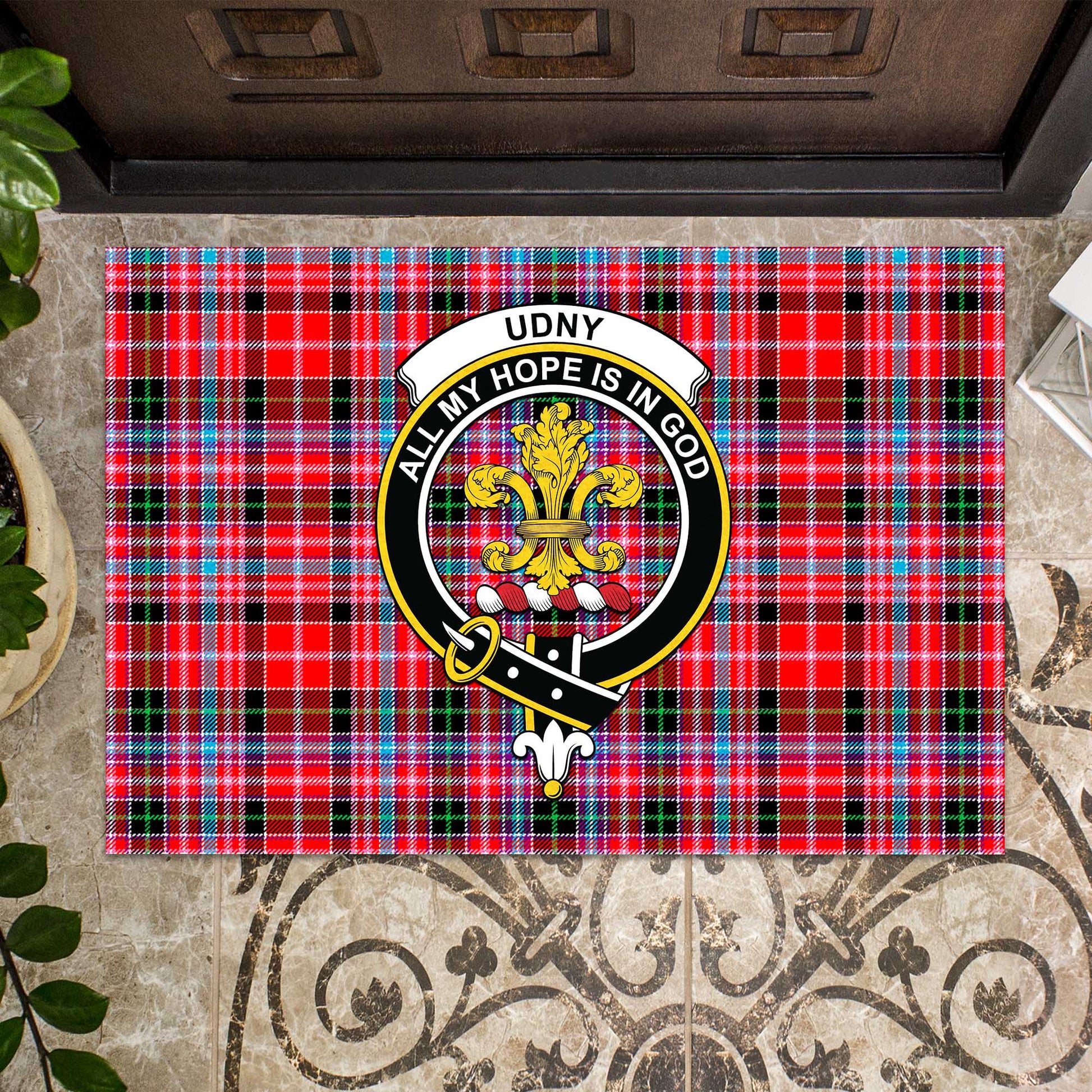 Udny Tartan Door Mat with Family Crest - Tartanvibesclothing Shop