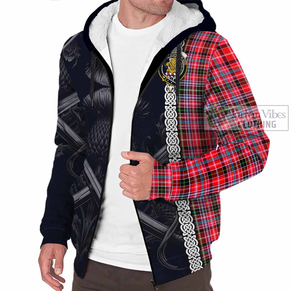 Tartan Vibes Clothing Udny Tartan Sherpa Hoodie with Family Crest Cross Sword Thistle Celtic Vibes