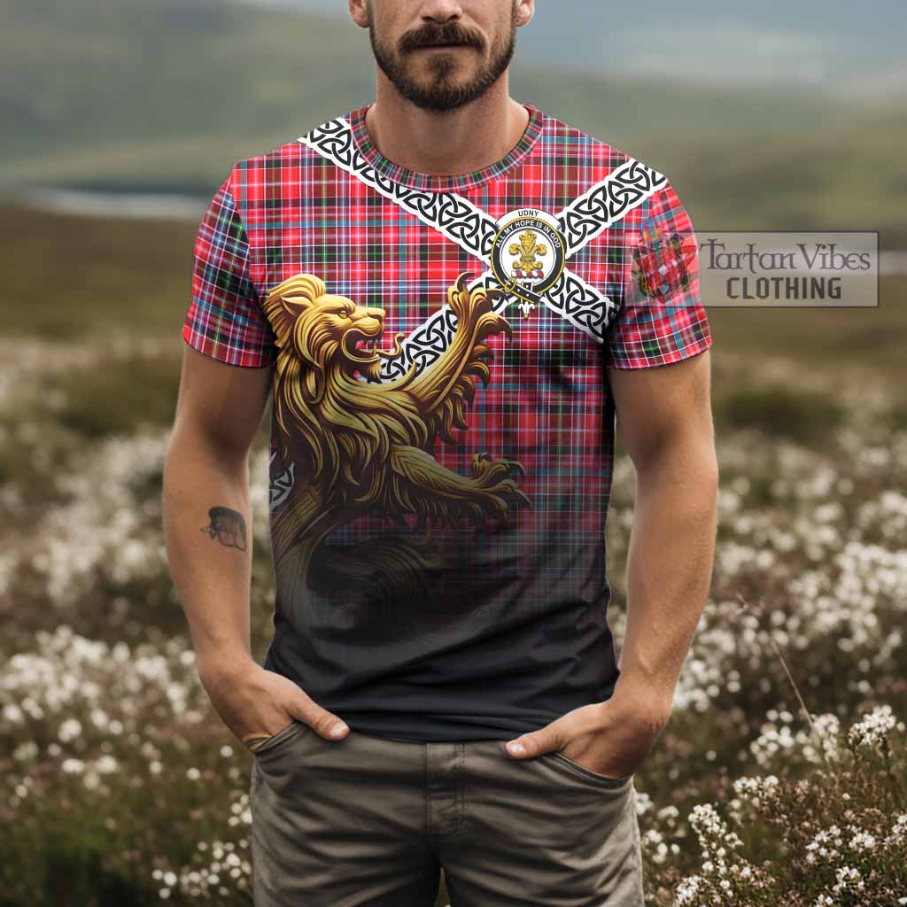 Tartan Vibes Clothing Udny Crest Tartan T-Shirt with Golden Lion Emblem Celtic Style