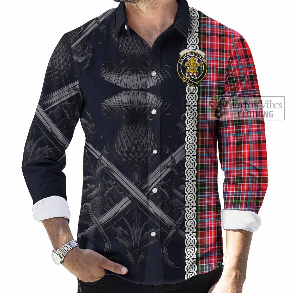 Tartan Vibes Clothing Udny Tartan Long Sleeve Button Shirt with Family Crest Cross Sword Thistle Celtic Vibes