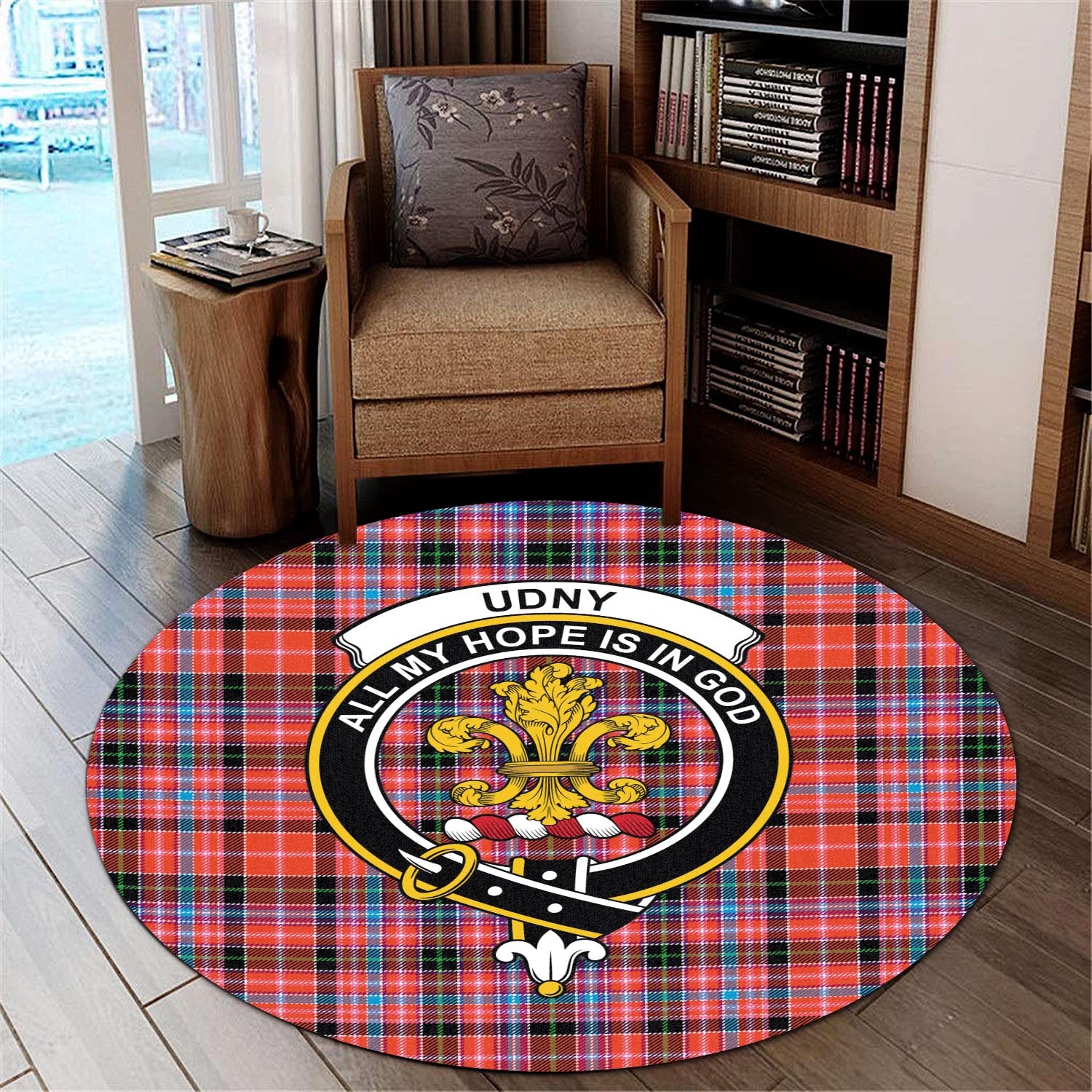 udny-tartan-round-rug-with-family-crest