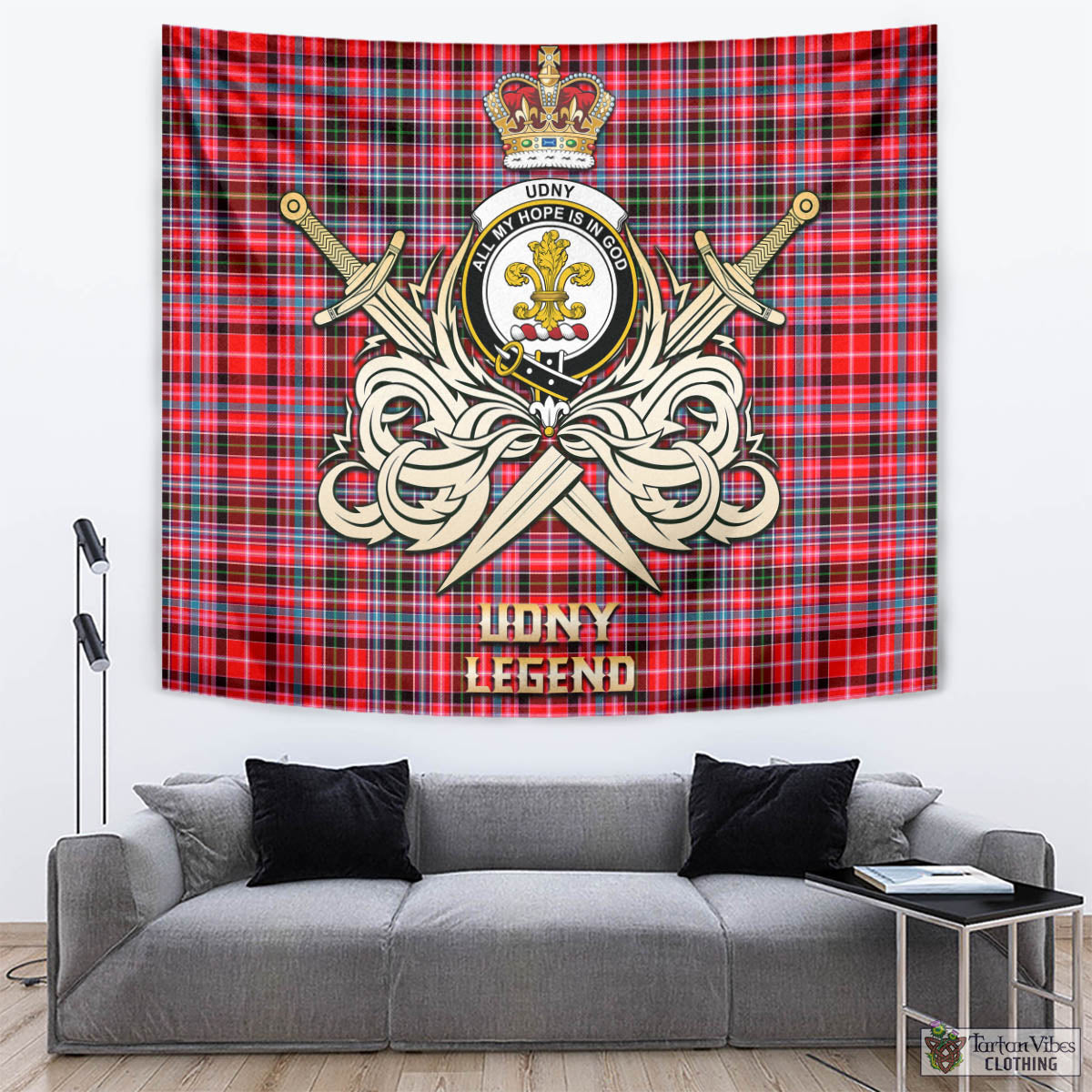 Tartan Vibes Clothing Udny Tartan Tapestry with Clan Crest and the Golden Sword of Courageous Legacy