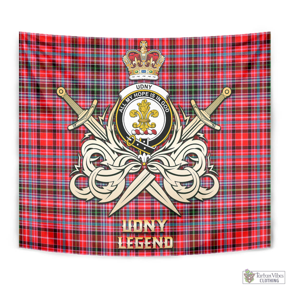 Tartan Vibes Clothing Udny Tartan Tapestry with Clan Crest and the Golden Sword of Courageous Legacy