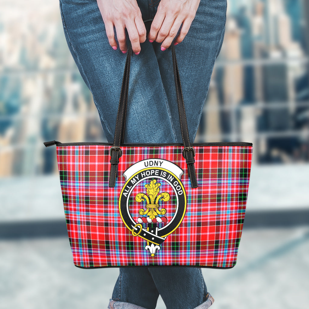 Udny Tartan Leather Tote Bag with Family Crest - Tartan Vibes Clothing