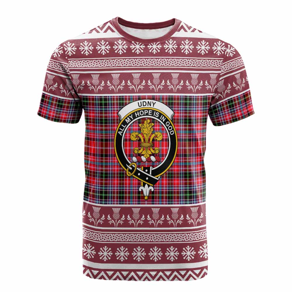 Udny Clan Tartan Christmas Cotton T-shirt with Family Crest - Tartan Vibes Clothing