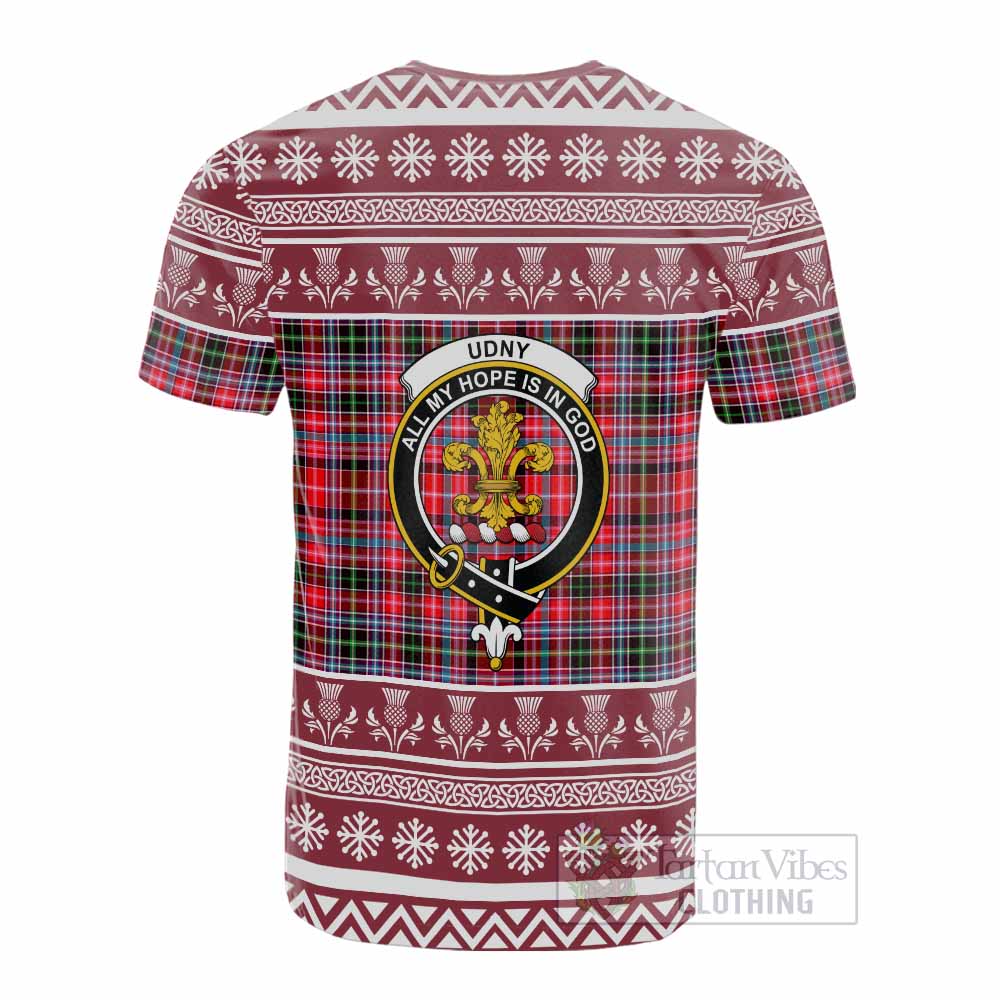 Udny Clan Tartan Christmas Cotton T-shirt with Family Crest - Tartan Vibes Clothing