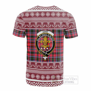 Udny Clan Tartan Christmas Cotton T-shirt with Family Crest - Tartan Vibes Clothing