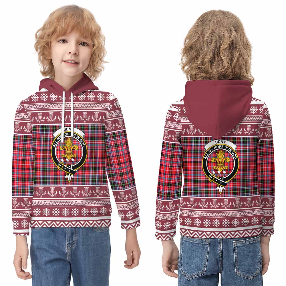 Udny Clan Tartan Christmas Kid Hoodie with Family Crest - Tartan Vibes Clothing