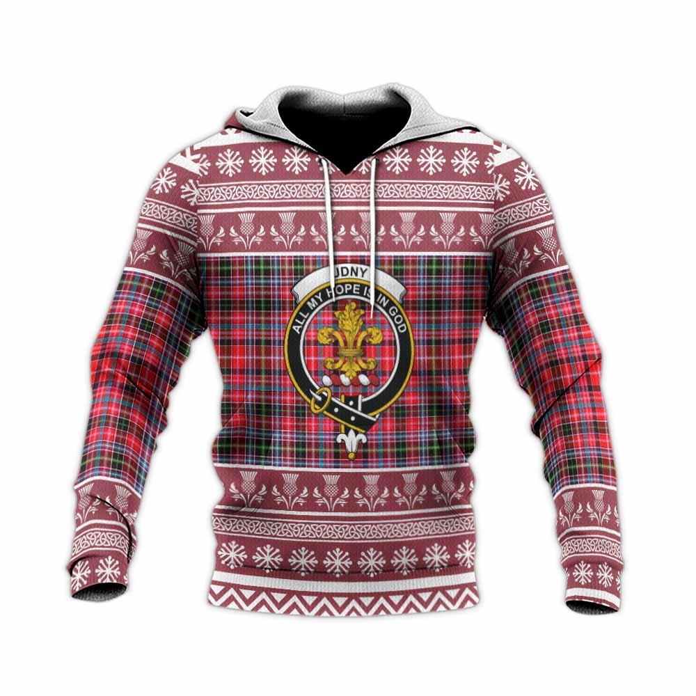 Udny Clan Tartan Christmas Knitted Hoodie with Family Crest - Tartan Vibes Clothing