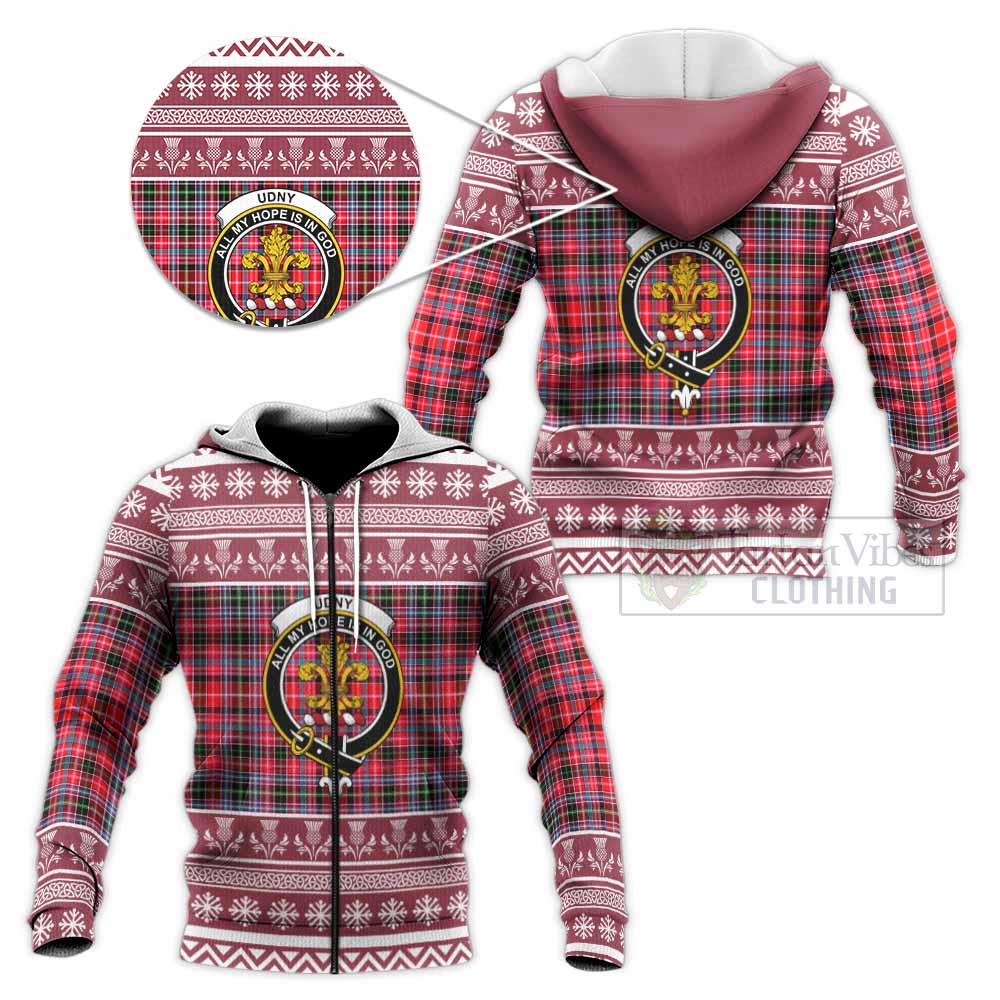 Udny Clan Tartan Christmas Knitted Hoodie with Family Crest - Tartan Vibes Clothing