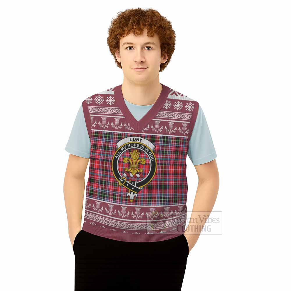Udny Clan Tartan Christmas Knitted V-Neck Vest with Family Crest - Tartan Vibes Clothing