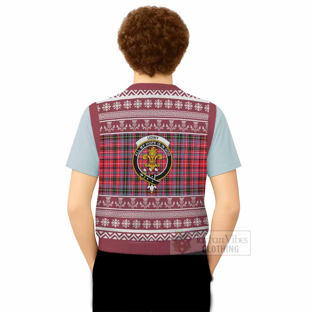 Udny Clan Tartan Christmas Knitted V-Neck Vest with Family Crest - Tartan Vibes Clothing